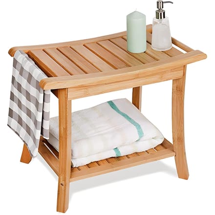 Tabouret de Douche avec Porte-Serviettes Étagère de Rangement Antidérapant Bambou Naturel Banc de Douche Multifonctionnel beige