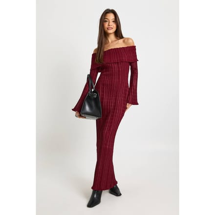 boohoo Dames Getextureerde Bardot Maxi-jurk | Wijn | Maat: 38