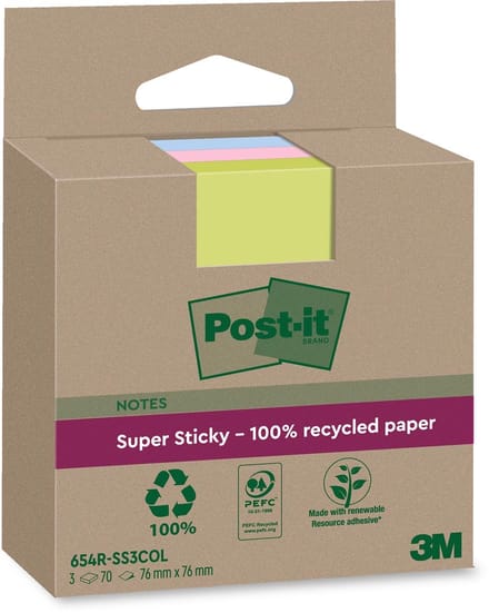 Post-it Super Sticky Notes Recycled | 70 vel | ft 76 x 76 mm | assorti | pak van 3 blokken