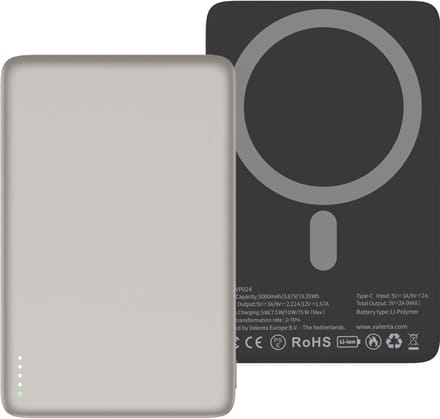 Valenta Ultra Dunne Single USB-C Powerbank 5.000 mAh 20W - Snellader - MagSafe Compatible - Naturel