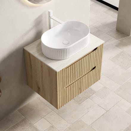 MODFU Badkamermeubel Met Ovale Wastafel - 2 Laden En Softclose - Keramiek En Sintersteen - Wit Eiken
