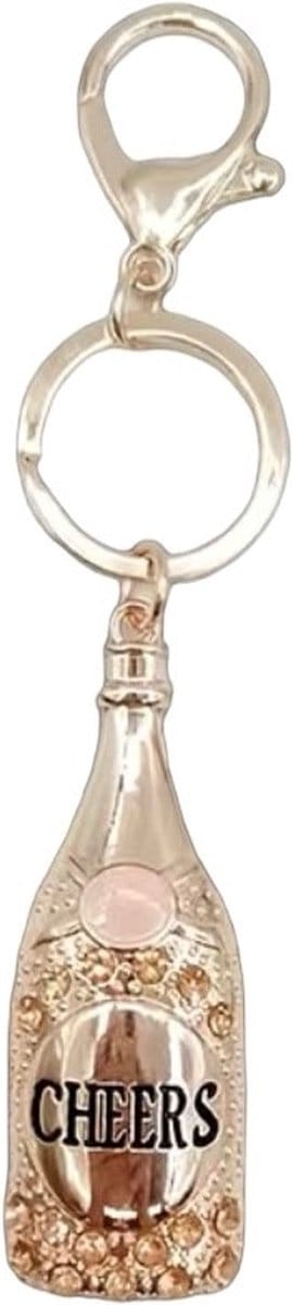 Sleutelhanger Wijnfles Cheers ( Roze Goudkleurig ) 7.5 x 2.6 cm