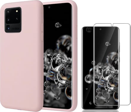Hoesje geschikt voor Samsung S20 Ultra - Liquid Siliconen Case + Screen Protector - Roze