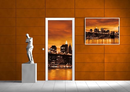 Deursticker Muursticker New York | Oranje, Bruin | 91x211cm