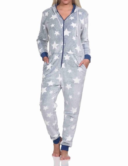 Damespyjama jumpsuit in sterdessin van behaaglijk warm koraalfleece