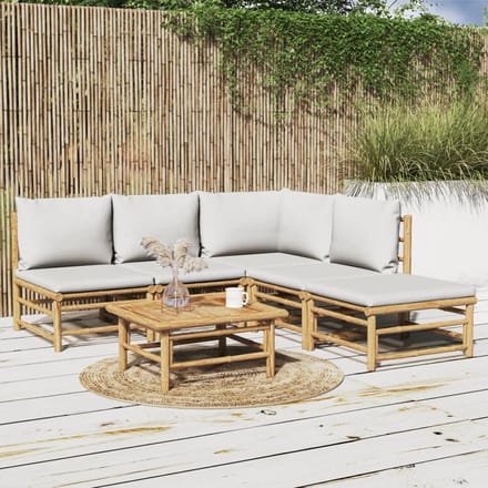vidaXL - 6-delige - Loungeset - met - kussens - bamboe - lichtgrijs