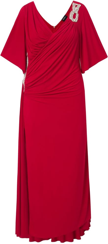 Ulla Popken - Dames - Maxi-jurk drapering siergespen klokmouwen - Lichtrood - Maat 56