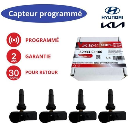 4x capteurs TPMS programmés Hyundai 433 MHz pour i20, ix35, Tucson, Santa Fe, Bayon – 52933-C1100 / C8000