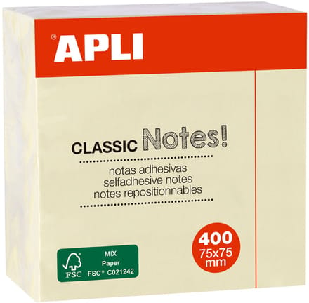 APLI zelfklevende notitieblokjes geel 75 x 75 mm
