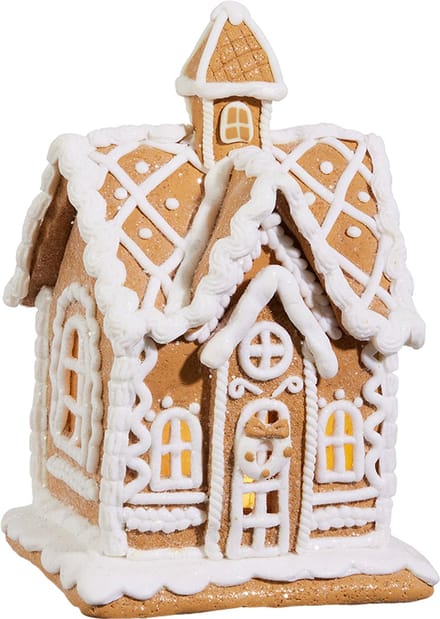 Viv! Christmas Kerstbeeld - Gingerbread Huisje van Klei met Icing Details incl. LED Verlichting - bruin wit - 20cm
