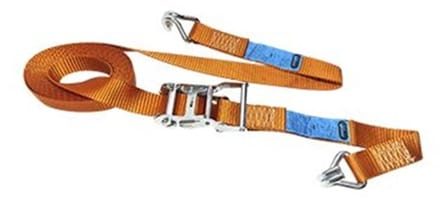 Spanband 38mm 2000kg, lengte 6 meter. Ratel en haak op hoekbeschermer oranje