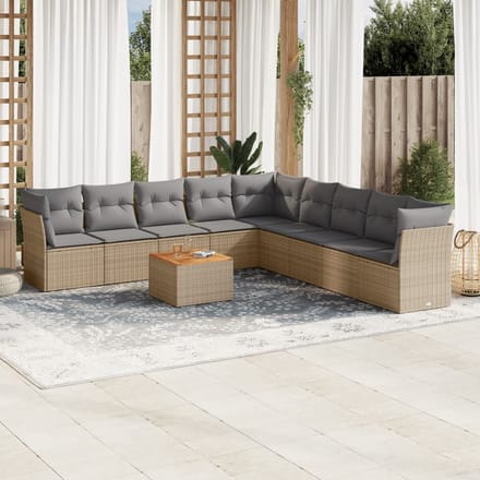 vidaXL - 10-delige - Loungeset - met - kussens - poly - rattan - gemengd - beige