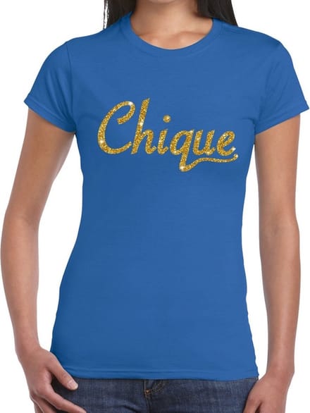 Chique goud glitter tekst t-shirt blauw voor dames XL