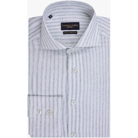 Cavallaro Napoli Overhemd Tarente Linnen Blend Stripe Lichtblauw-Wit / male