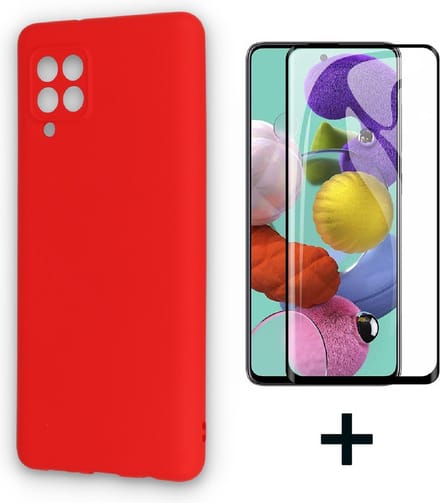 HB Hoesje Geschikt voor Samsung Galaxy A12 - Rood/ Fullscreen Glazen Screenprotector - Siliconen Back Cover