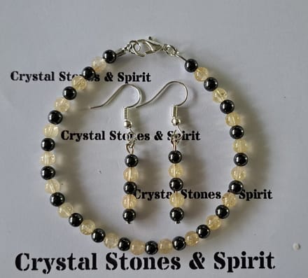 Set Citrien / Hematiet Armband en Oorbellen 4 mm Hang