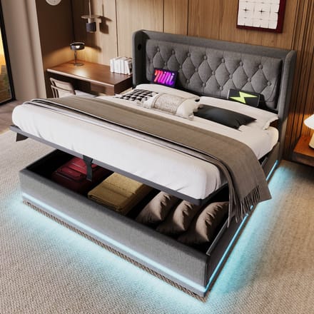 MODFU Gestoffeerd Tweepersoonsbed – 180x200 cm – USB-C & LED – Opbergruimte – Katoen – Grijs