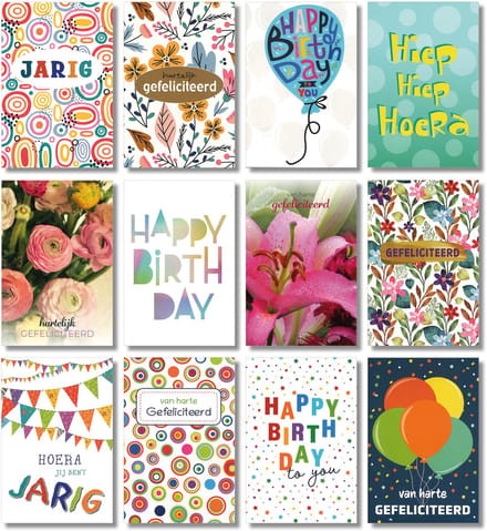 MGPcards - 12 dubbele wenskaarten met envelop - Jarig - Gefeliciteerd - Birthday - 11,5 x 17 cm