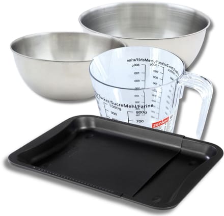 Bakkerijset met uitschuifbare bakplaat van 35-52 cm, 2 mengkommen, maatbeker en spatel Zenker