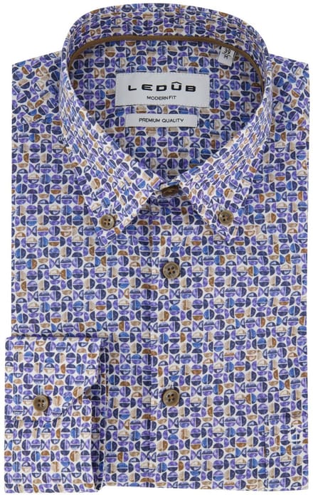 Overhemd blauw Ledub geprint bruin patroon button down