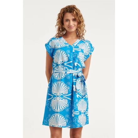 Smashed Lemon Blauwe jurk met witte schelpenprint en ceintuur |