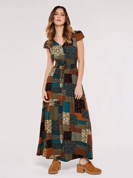 Maxi-jurk met smockwerk in patchwork