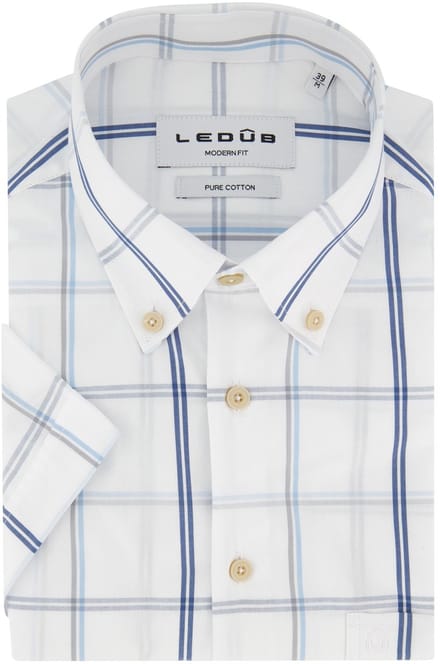 Ledub Modern Fit overhemd wit geruit korte mouw