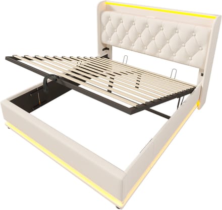 COVREO Bedframe 160x200 cm wit PU, LED, opbergruimte, zonder matras