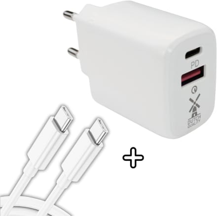 Dutch Quality® USB C 30 Watt Adapter oplader USB stekker MET 1 meter USB C naar USB C kabel - Telefoon en tablet oplader - Snellader - USB-C PD Fast Charge - USB-A Quick Charge 3.0 - Oplaadblok USB - Wit
