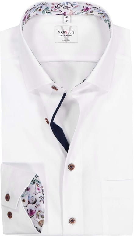 MARVELIS modern fit overhemd - mouwlengte 7 - fil a fil - wit - Strijkvrij - Boordmaat: 40 (EU maat: M)