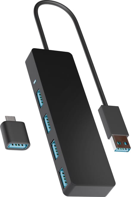 Nuvance USB Hub - USB Splitter & USB C Hub met 4 Poorten - USB 3.0 – 5Gbps - Inclusief USB-C Converter - Universeel - Zwart