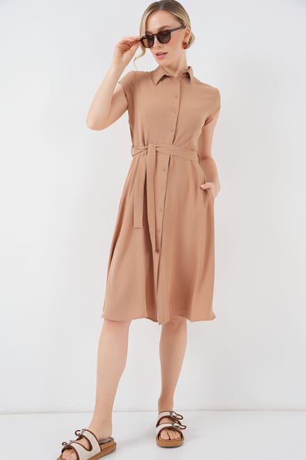 Geknoopte Overhemdkraag A-Model Midi Jurk met Binddetails