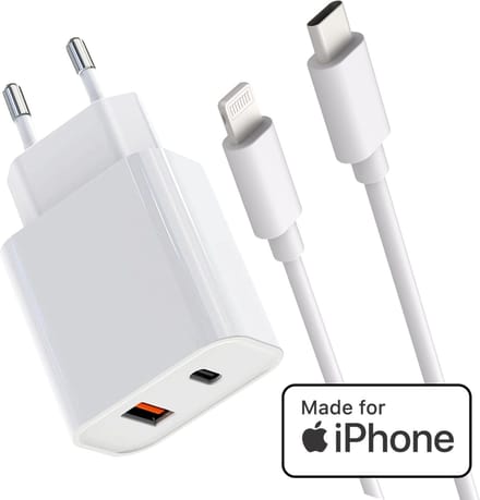 Snellader + usb-C naar Lightning Oplader Kabel - Geschikt voor iPhone 14, 13, 12, 11, X Snellader - Apple MFI Gecertificeerd - GaN Technologie