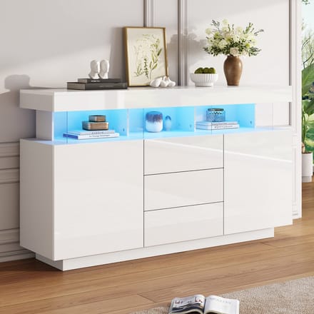 Sweiko Dressoir - Hoogglans - 2 Deuren - 3 Lades - LED-verlichting - Wit