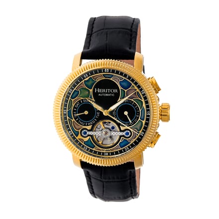 Heritor Automatic Aura Heren Semi-Skelet Lederen Band Horloge - Goud / Zwart