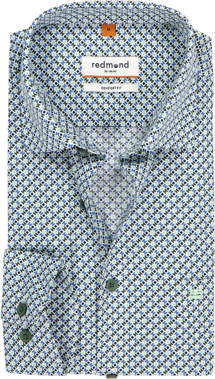Redmond comfort fit overhemd - popeline - wit - groen - blauw dessin