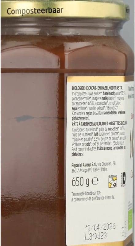 Nocciolata Cacao- en Hazelnootpasta Biologisch - 650 gr