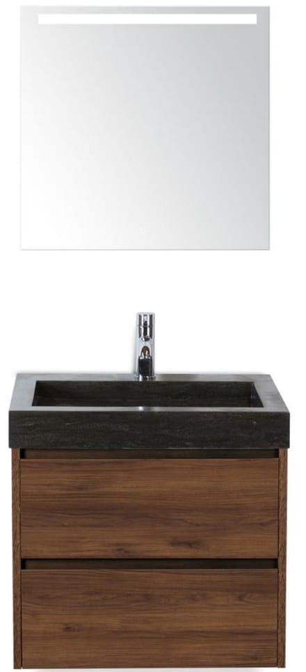 Dante Badmeubelset 60 cm - Walnoot - Wastafel Hardsteen Wit Lucca met Sence Spiegel