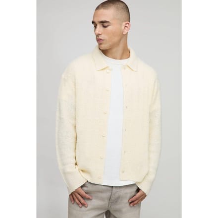 Boxy Fit Geborsteld Gebreid Shirt | Ecru | Size Medium