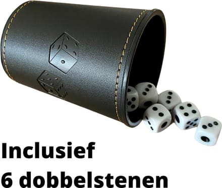 Dobbelstenen Met Werpbeker - Luxe dobbelstenen - Luxe Lederen Werpbeker - 6 x Dobbelsteen - Leer Zwart