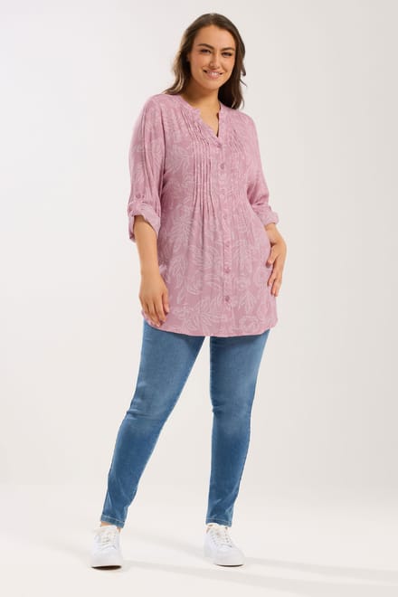Yours Roze Blouse Met Bladprint En Fijne Plooien Size 48