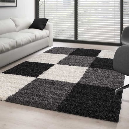 TapisTrend Harig tapijt Zwart-Wit-Grijs 80x150 cm Hoogpolig vloerkleed met ruitpatroon