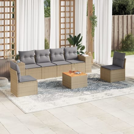 vidaXL - 7-delige - Loungeset - met - kussens - poly - rattan - beige