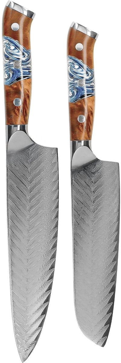 Shinrai Knives - Eclipse 2-delige Damascus Messenset - Koksmes + Santoku mes