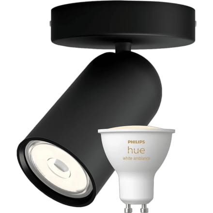 Philips Pongee opbouwspot - 1 spot - zwart + Philips Hue White Ambiance GU10