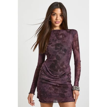 boohoo Dames Mini-jurk met floral mesh en draperende taille-details | Plum | Maat: 10