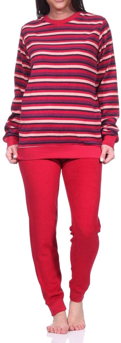 Dames badstof pyjama lang, pyjama met boorden in een geweldige gestreepte look