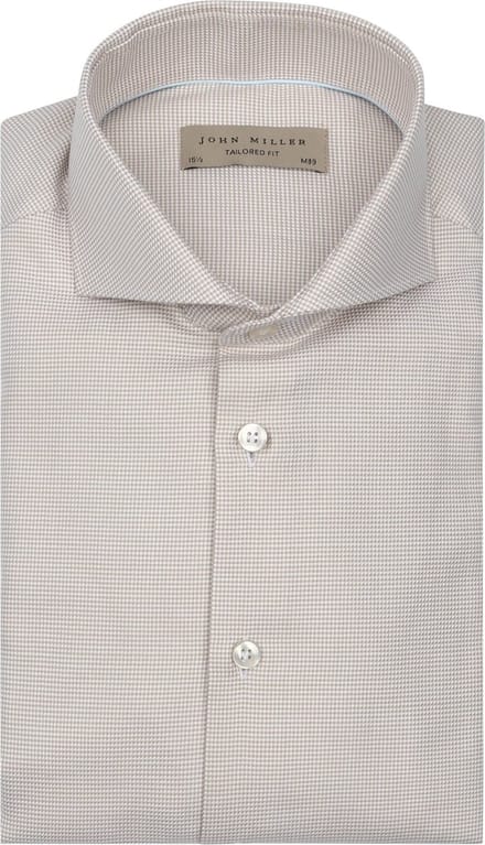 John Miller Overhemd Small Check Beige - Maat 39 - Heren - Overhemden Formeel
