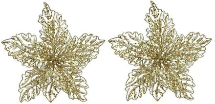 Bellatio Decorations Kersthangers - 2x - 23 cm - glitter bloem - goud - kerstboom decoratie - gouden kerstversieringen