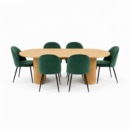 Kyoto eethoek eettafel 100x210cm natuur, 6 stoelen velours groen.